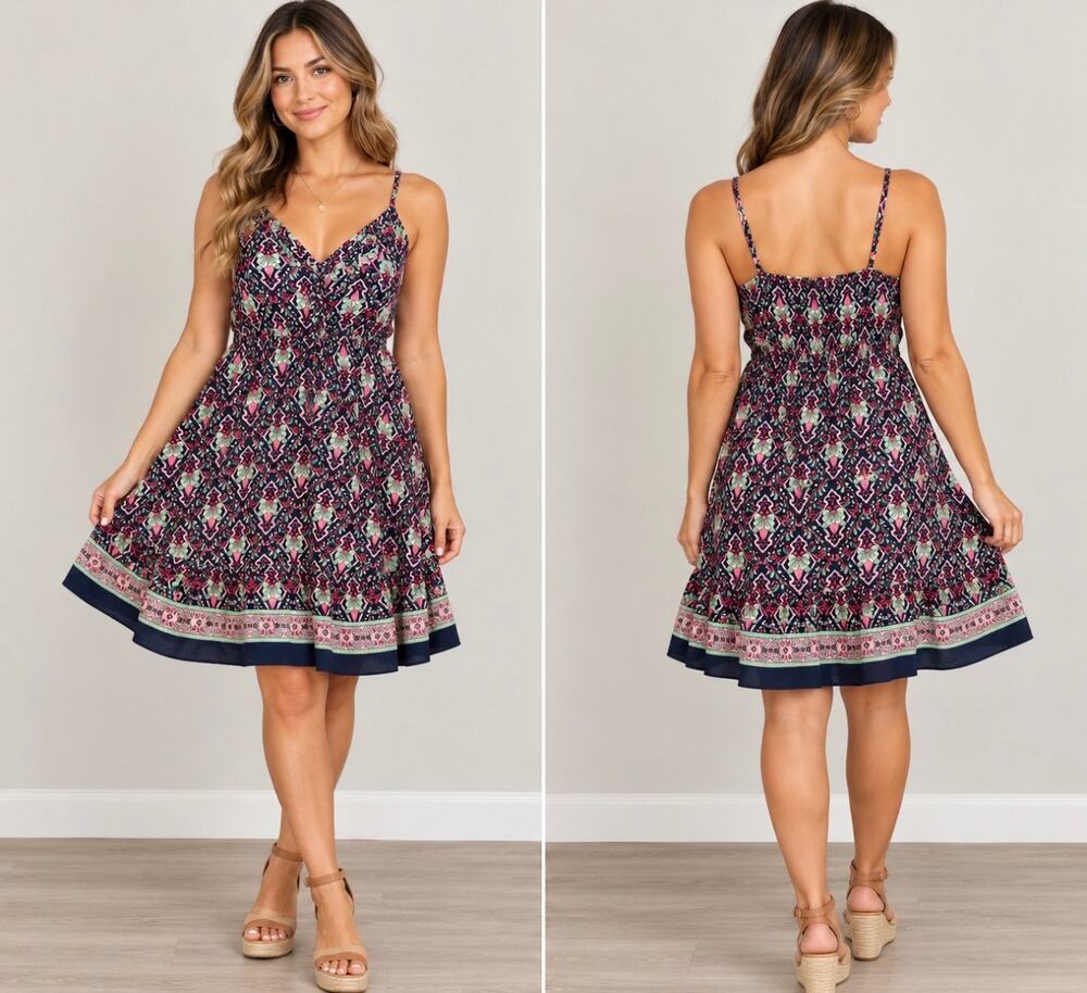 PrettyGarden Women’s Small Boho Floral Fit & Flare Sundress Navy Pink